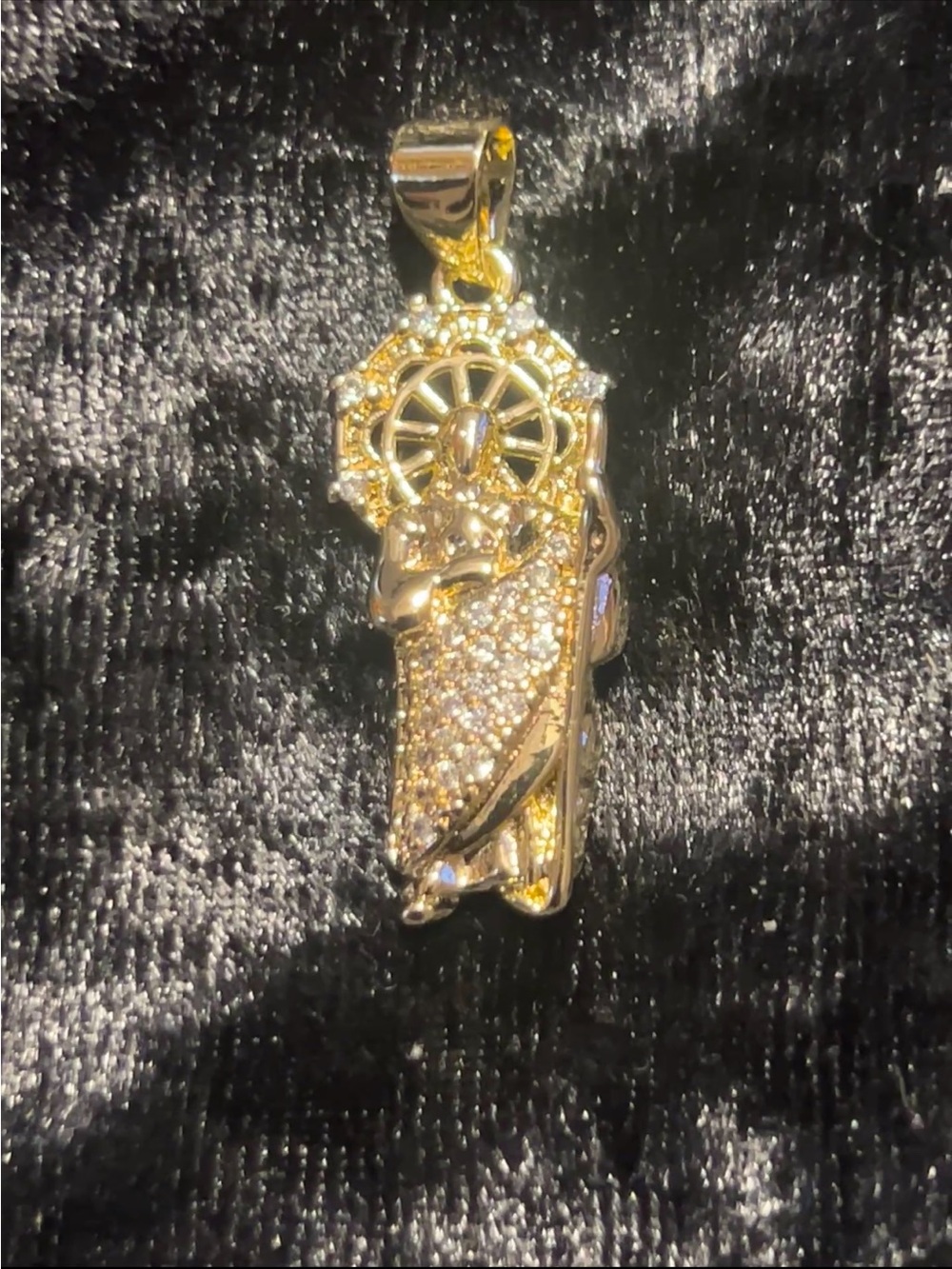Gold Religious Pendant Necklace with Crystal Accents - Women's Jewelry